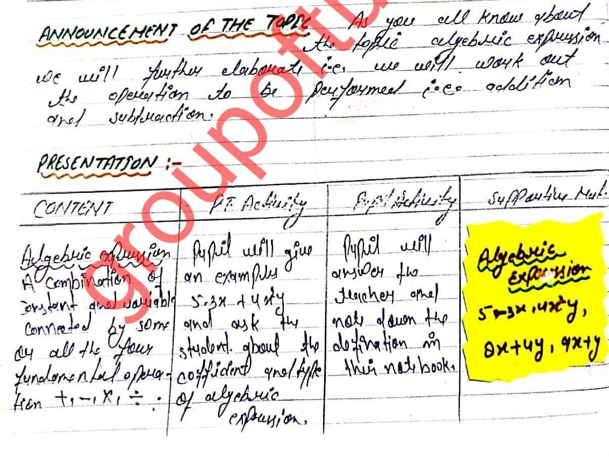 Pedagogy Mathematics Algebraic Expressions Lesson Plan by Group Of Tutors