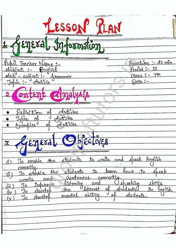 English Grammar Lesson Plan for B.Ed