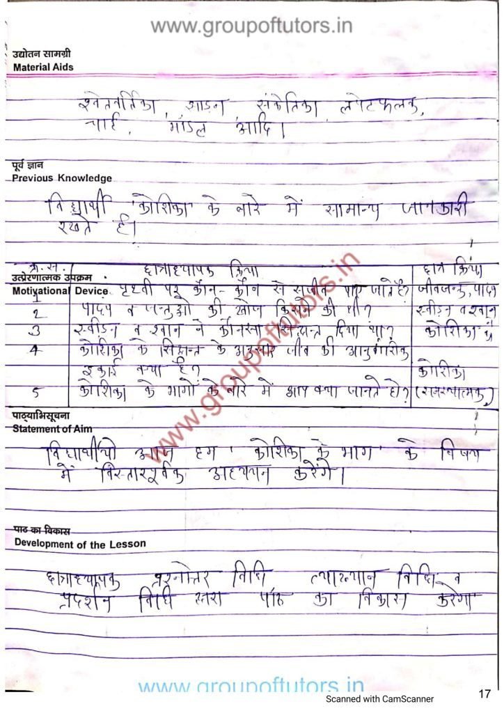 कोशिका के भाग जीव विज्ञान पाठ योजना