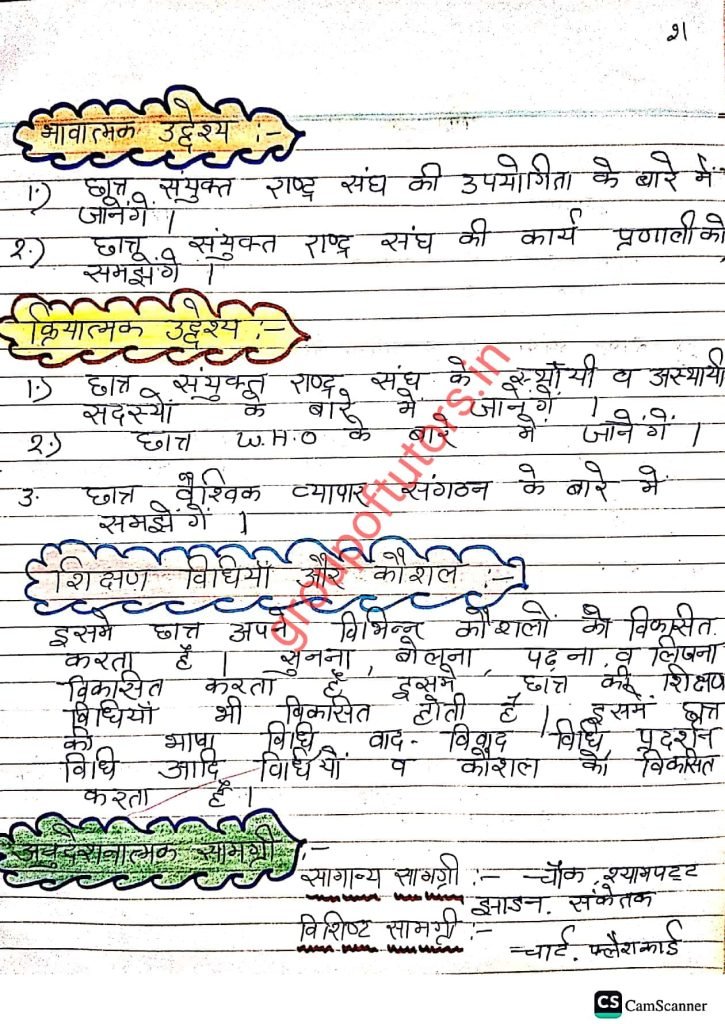 संयुक्त राष्ट्र पाठ योजना (हिंदी) United Nations Lesson Plan 2025 SST By Group Of Tutors