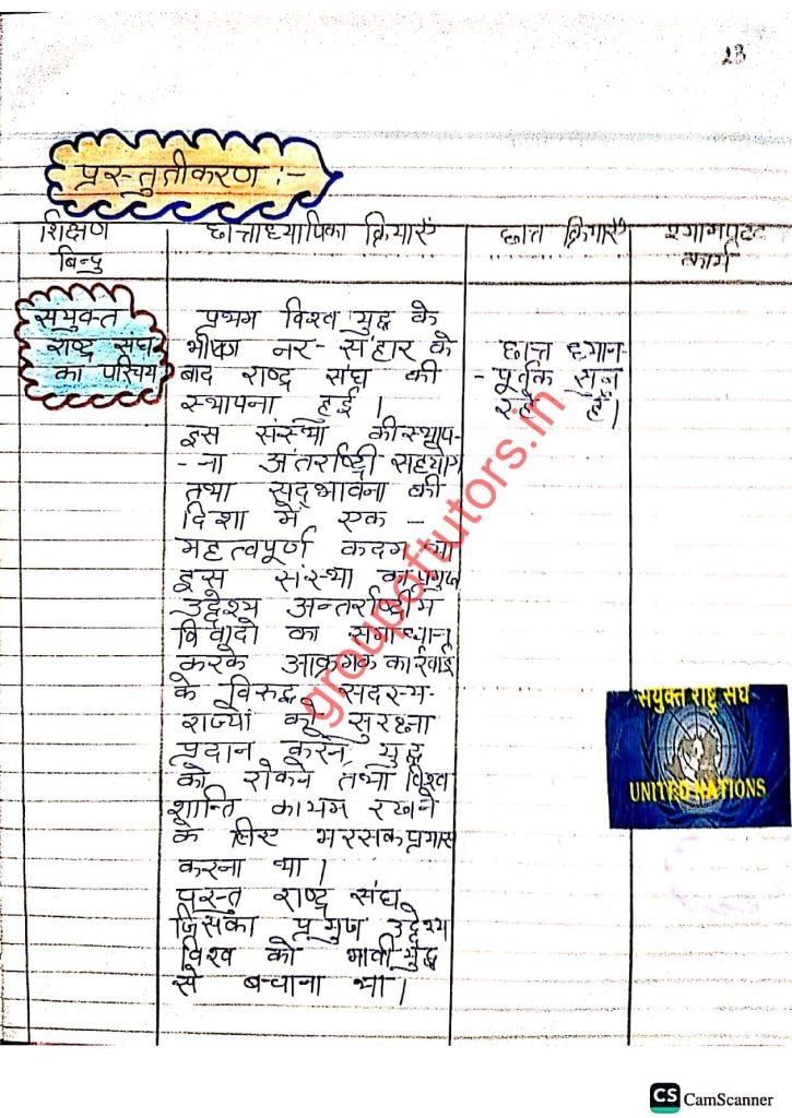 संयुक्त राष्ट्र पाठ योजना (हिंदी) United Nations Lesson Plan 2025 SST By Group Of Tutors