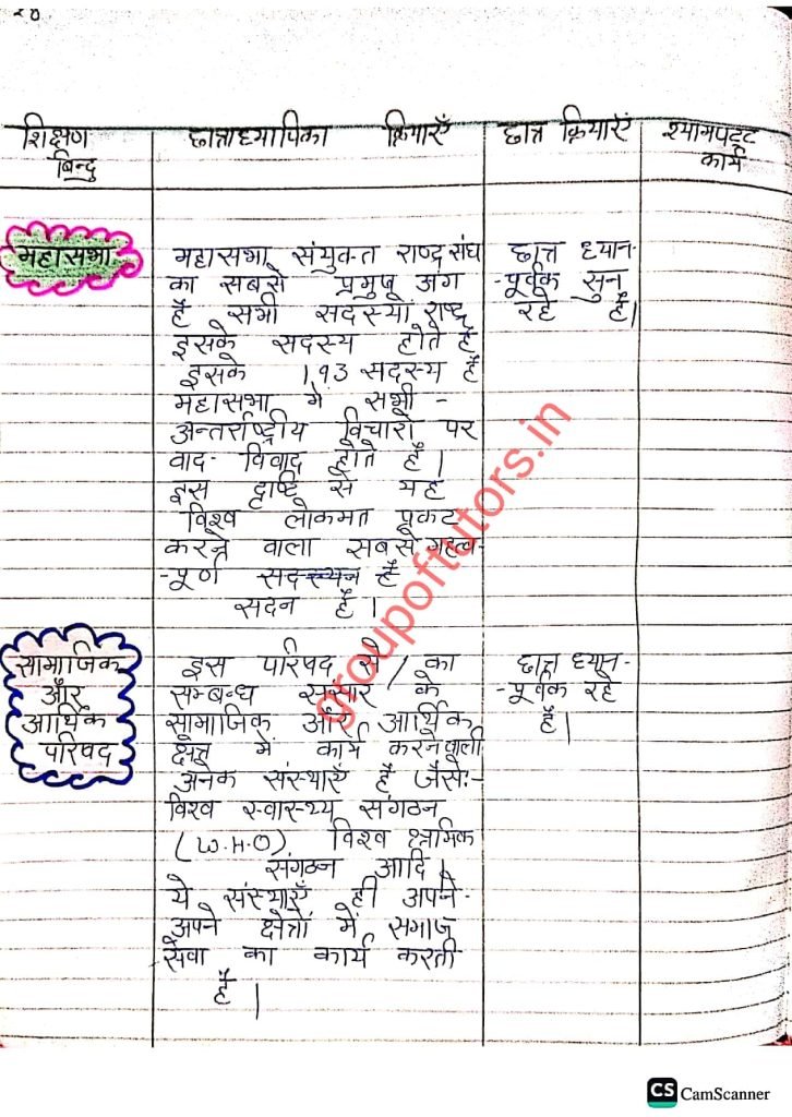 संयुक्त राष्ट्र पाठ योजना (हिंदी) United Nations Lesson Plan 2025 SST By Group Of Tutors