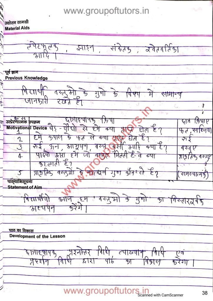 वस्तुओं के गुण पाठ योजना विज्ञान Group Of Tutors Lesson Plans For B.Ed